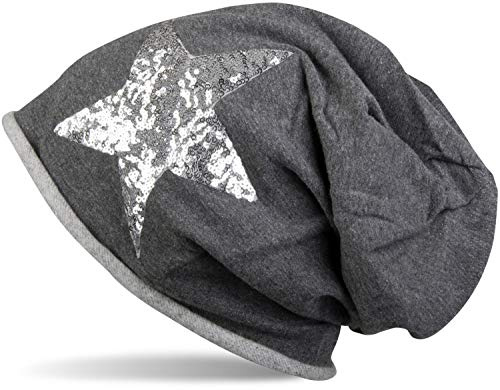 styleBREAKER Beanie Mütze mit silbernem Pailletten Stern und Rollrand, Damen 04024056, Farbe:Dunkelgrau meliert