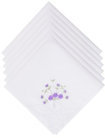 Selected Hanky Women's Cotton Handkerchiefs Flower Embroidered with Lace, Ladies Hankies 6 Pcs - Purple Floral
