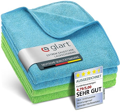 Glart 4448 Set di 4 panni in microfibra ultra-morbidi per auto e casa, 2 blu 40x40 cm, 2 verdi 40x40 cm, anche per la pulizia delle finestre