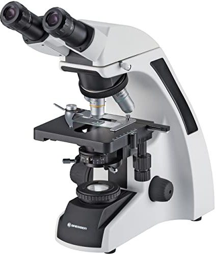 Bresser Binokulärt mikroskop Science TFM-201 Bino 40–1000 x förstoring, med kolbelysning, koaxialt korsbord och mycket ljus 3 W LED-belysning, för höga behov, vit