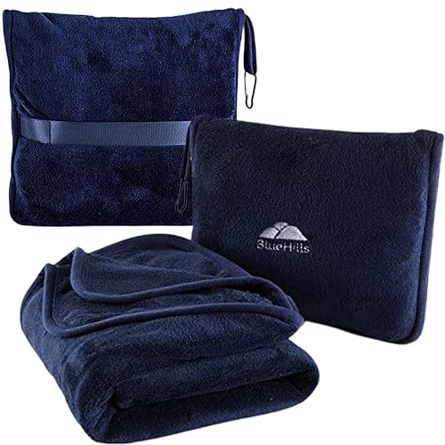 BlueHills Premium Soft Travel Blanket Pillow Airplane Blanket Packed in Soft bag Pillowcase with Hand Luggage Belt and Backpack Clip, Compact Pack Large Blanket for any Travel (Navy Blue T002)