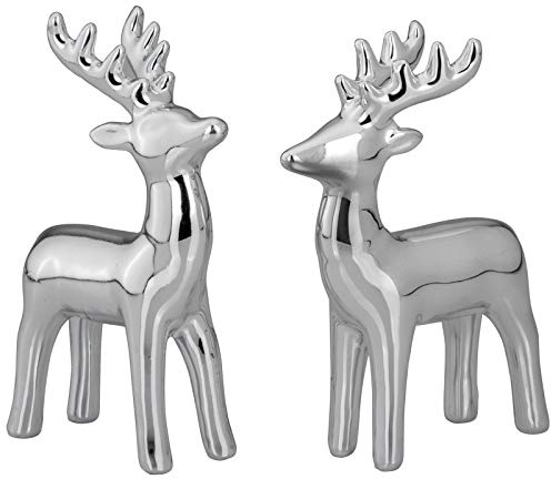 H.Bauer jun. Kleine stehende Porzellan Deko Rentier Figur Paar - silbern glänzende Hirsch Geweih Weihnachts-Deko zum Hinstellen Höhe 12 cm