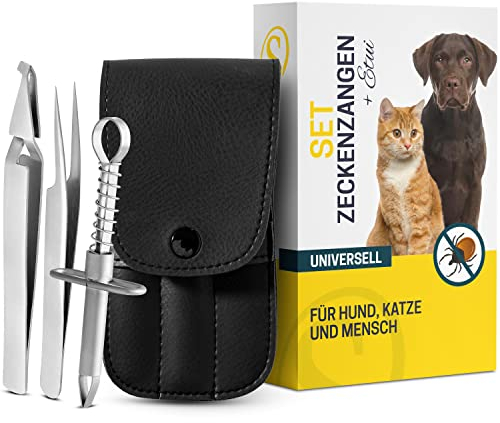 KLINOO Set di 3 pinze per zecche in acciaio inox, per cani e gatti, in metallo di alta qualità, con custodia in pelle