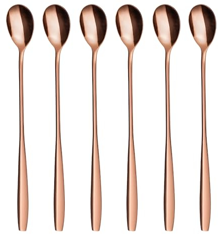 GRÄWE Cuchara de mango largo, 6 piezas, oro rojo, agitador de café, cuchara de café de acero inoxidable, cuchara de cóctel, cuchara de té helado, cuchara para hielo, cuchara agitadora de cóctel