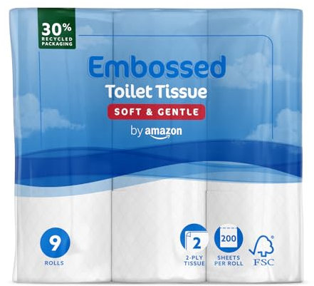 by Amazon Toilet Roll, 2-Ply Embossed, Soft and Gentle, 9 Rolls (1 Pack of 9), 200 Sheets per Roll, FSC Certified