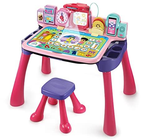 Vtech 5-in-1 Magischer Schreibtisch – Interaktiver Kinderschreibtisch inkl. Hocker – Mit Kreidetafel, Staffelei, Schreibfeld und Projektor – Für Kinder von 3-6 Jahren, pink