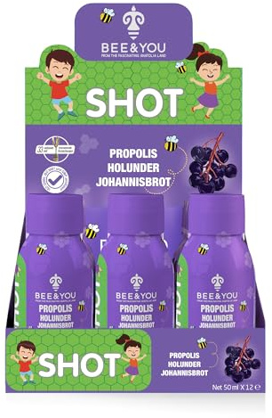 BEE&YOU Propolis Shot mit Holunder + Johannisbrot für Kinder (12x50ml) Der natürliche Immunbooster für Kinder mit Vitamin C