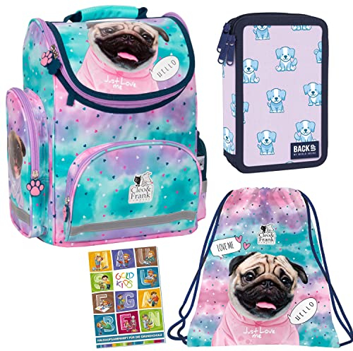 Goldkids 4er Set Schulranzen Ranzen Tornister Federmappe Turnbeutel Turnsack Aufgabenheft für die Grundschule Cleo & Frank Hund Dog Motiv