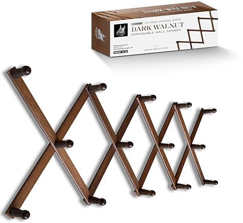 Mercurial Trade Expandable Wooden Coat Rack Hanger – Accordion Wall Mounted Pine Wood Hooks – Hand Made Vintage Expending Pegs – Hang Coat, Jacket, Hat, Leash, Towel, Mug, Bag – 14 Hook Dark Walnut
