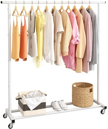 Buzoruil Kleiderständer Standard Rod Einfache Rollen Metall Kleidung Rack Kleidungsstück Rack Organizer Freistehender Aufhänger mit Rädern,Weiß