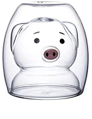 TREEWOO Kreative Kaffeetasse, niedliches weißes Schwein, doppelwandig, Milchsaft, Tee, Glas, hitzebeständig, Geschenk zum Valentinstag