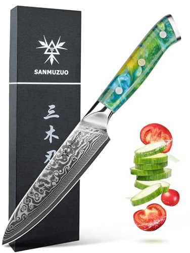 SANMUZUO Allzweckmesser Damastmesser 13 cm Klingenlänge - Japanisches Kochmesser - VG 10 Damaskus Stahl Küchenmesser mit Harzgriff - Xuan Serie(Smaragd Grün)