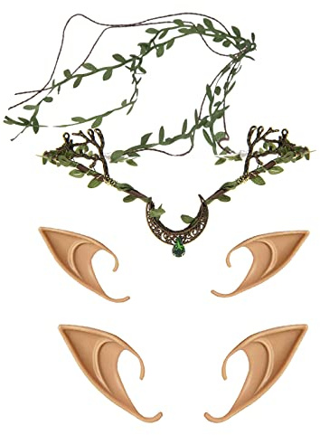 Merroyal Mond-Kopfkette, Vintage-Kristall-Kopfschmuck, Haarschmuck mit 2 Paar Latex-Elfenohren für Damen und Mädchen (Mond + grünes Blatt)