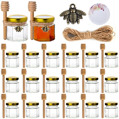 CLTPY 30 Stück 45ml Honiggläser Sechseckige mit Holzlöffeln, Kleine Honiggläser, Kleine Gläser mit Deckel, Mini Honigglas, Mini Marmelade, Mini Nutella Gläser für Babyparty, Hochzeit Gastgeschenk