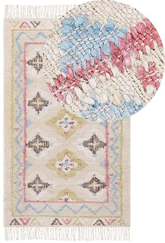 Beliani Alfombra de Yute Beige Verde Azul marrón Rosa 80 x 150 cm a Mano borlas Terkos