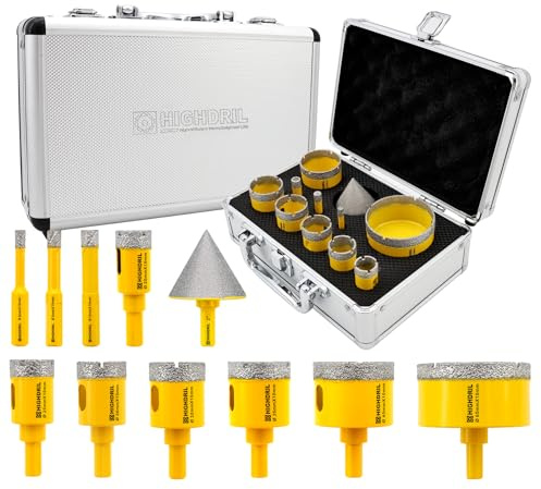 HIGHDRIL Foret Diamant Kit 11pcs(6/8/10/20/25/28/32/35/45/65mm Mèches Diamantées+50mm Mèches de Chanfrein) Scie Cloche pour Carrelage Céramique Porcelaine Marbre Granit