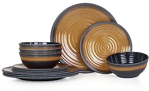 Moritz Vaisselle de camping en mélamine pour 4 personnes 12 pièces | Passe au lave-vaisselle | Service de vaisselle de pique-nique | Vaisselle de camping I Stone Curry Design