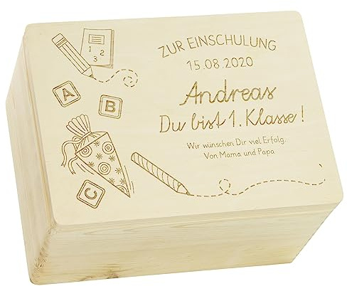 LAUBLUST Holzkiste mit Gravur - Personalisiert mit Datum | Name | WIDMUNG - Naturbelassen, Größe XL - Schultüte Motiv - Geschenkkiste zur Einschulung - FSC®