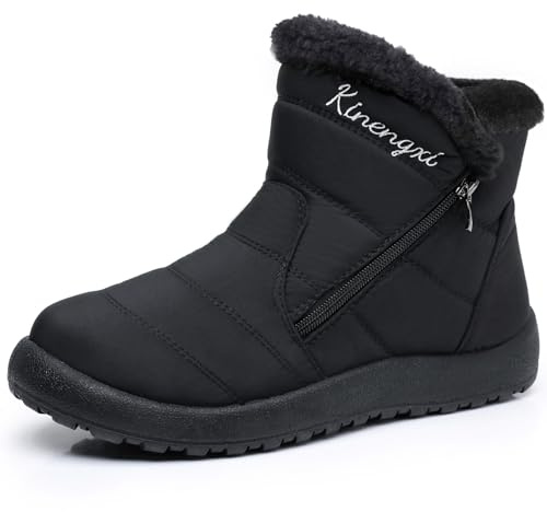 Zapatos Invierno Mujer Botas de Nieve Forradas Calientes Zapatillas Botines Planas con Cremallera Boots, Negro, 41 EU, Tag 42