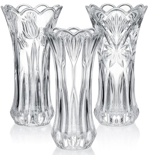 SiliFine 3 Pcs Thickened Glass Flower Vase, 9.5 High x 5 Wide Large Glass Tall Cylinder Flared Decorative Wedding Vase for Home, Wedding, Living Room, Office, with Color Box, 3 Styles
