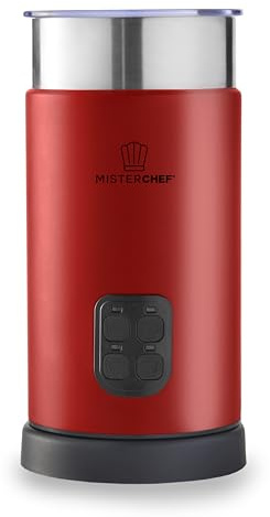 MisterChef stor snabb 550 W automatisk mjölkskummare, varm och kall mjölkfunktionalitet, 240 ml mjölkuppvärmning/115 ml mjölkskumning, 4 funktioner - tyst drift röd med 2 års garanti