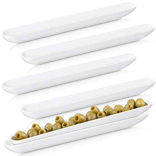 Rtteri 6 Pcs Olive Tray 16'' White Olive Plate Long Narrow Serving Dishes for Entertaining Imitation Porcelain Cracker Tray Boat Cracker Holder, Dishwasher Safe for Charcuterie Board Cheese Appetizers