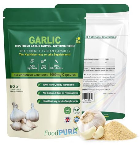 FoodPURA 60 X Pure Garlic Capsules Recommended Daily Strength 1000mg - Capsules are The SAFEST Way to take Any Supplement! HACCP Certified, Manufactured in The UK.