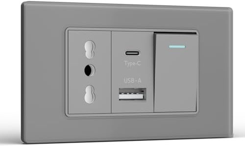 BSEED Presa, Prese Elettriche da Muro con Interruttore 1 Gang 2 Vie e Presa USB A e USB C, Spina 118m per Ufficio Casa, Grigio