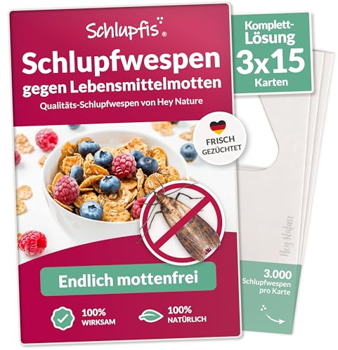 Schlupfwespen gegen Lebensmittelmotten - Komplett-Kur mit 45 Karten | (15 Karten à 3 Lieferungen) | Motten effektiv + natürlich bekämpfen INKL. BERATUNG | Alternative zu Mottenfallen, Mottenspray