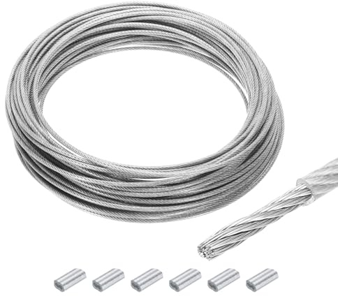 QUARKZMAN 30m Cable de Acero 4mm OD con Aluminio Mangas 6pcs Transparente | Inoxidable 304 Kit de Cuerda de Alambre Doble Orificio PVC Recubierto para Cuerda Tendedero, Suspensión, Planta