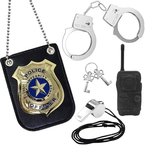 RAFIYU Menottes Enfant, Police Equipement Accessoires Enfant, Policier Badge en Métal avec Clés, Menottes, Talkie-walkie et Sifflet, Police Costume Accessoires pour Costume et Cosplay