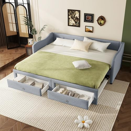 Zravenna Tagesbett 90x200cm mit Ausziehbarem Bett, Ausziehbett Gleiche Höhe, Schlafsofa Ausziehbar, Sofa Bett mit 2 schubladen, Schlafsofa 200cm Breit, Leinen, Grau