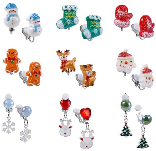 9 Paar Weihnachts-Clip-Ohrringe, Süßes Weihnachtsohrring-Set Schneemänner Weihnachtsmann Elch Schneeflocke Weihnachtsbaum Winter-Clip-Ohrringe Weihnachtsschmuck-Geschenk für Frauen