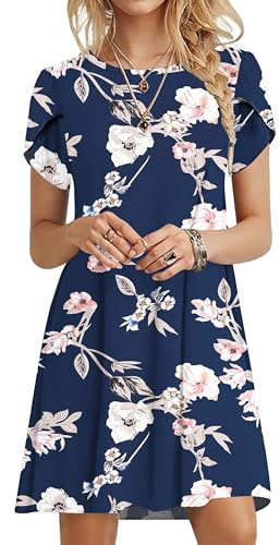 PLOKNRD Vestido Mujer Verano Manga de Pétalo, Escote Redondo - Tipo Camiseta Holgado y Versátil con Bolsillos(Zafiro Flores,M