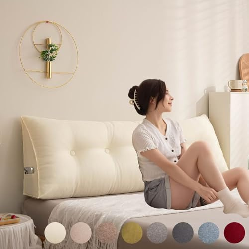 Bettkissen Rückenlehne 180cm, Rückenkissen Bett Beige, Leinen Keil Kopfteil Kissen, Rückenpolster für die Wand, Groß Keilkissen mit Seitentasche, Waschbar Abnehmbar Rückenstützkissen Wandkissen