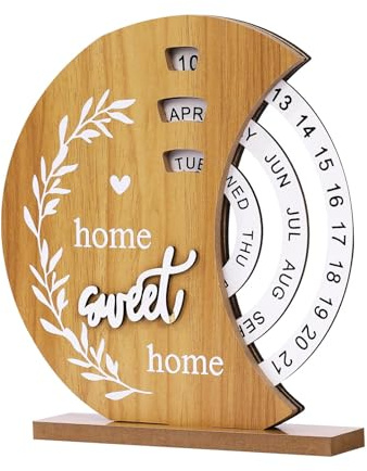 MYLERCT Calendario Perpetuo da Tavolo, 20 x 18 cm Rotante in Legno Calendario da Tavolo, a Forma di Luna Calendario Legno, Calendario da Tavolo Rotante per Camera da Letto Ufficio Soggiorno