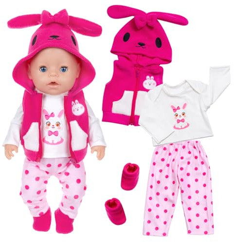 Puppenkleidung Kompatibel mit 35-43 cm New Born Baby Puppen, Rose Hase Baby Kleidung mit Bluse Weste Hose Socken, Puppenzubehör für 14-17 Zoll Neugeborene Baby Puppen Mädchen Geburtstag