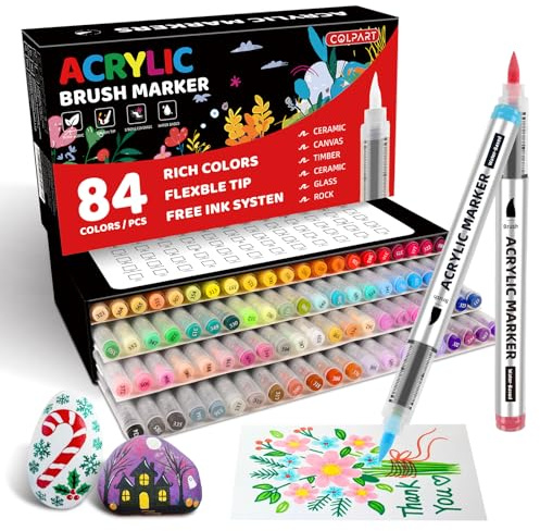colpart 84 Farben Acrylstifte mit Flüssigtinten-System, Wasserfest & Schnelltrocknend, Innovatives Tintenfluss-Design, Ungiftige Acrylic Paint Marker für Steine, Glas, Holz, Keramik und Porzellan