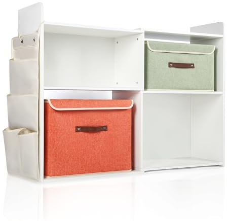 4 Cube Book Shelf 110 x 80cm, 2 Fabric Storage Boxs and Hanging Pocket, 2 in 1 Expandable Cube Storage Unit, Eco-Friendly Wood Bookshelf Unit, Storage Unit for for Living Room, Bedroom, Home, Office