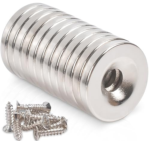 Lot de 12 aimants en néodyme puissants avec trou - 18 x 3-5 mm - Avec trou fraisé - Petits aimants ronds à vis - Pour réfrigérateur, tableau d'affichage, cuisine, bureau