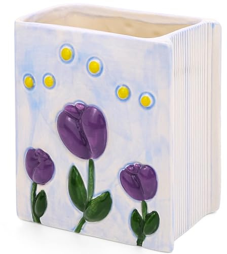 Busnos pennhållare söt bok blomma vas penselhållare tulpaner skrivbordsdekoration Kawaii present för kvinnor födelsedag pennhållare lila vaser skrivbord pennor arrangör estetisk för flickor