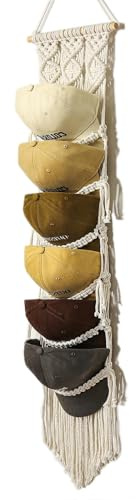 Clysuply Boho Baseball Cap Hanger-1 Pack-Macrame Hat Organizer for Ball Caps Holder Over Door, Hat Rack for Wall, Cap Rack for Decoration and Display, Boho Handmade Cap Display 6 caps （Cream