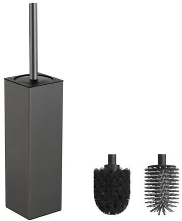 BVL WC Bürsten & Halter Grau, Metall Toilettenbürste Inklusive 2 Bürstenköpfe, Freistehende Quadratisch Silikon Toilettenbürste für das Badezimmer