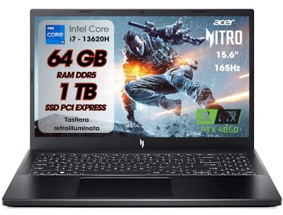 acer Nitro V 15 Pc Gaming, Notebook Gaming i7-13620H, 64GB RAM DDR5, SSD 1TB, Display 15,6 FHD IPS 165 Hz, NVIDIA GeForce RTX 5050 (8 GB GDDR6), Tastiera Retroilluminata, Pc Portatile, Laptop Gaming
