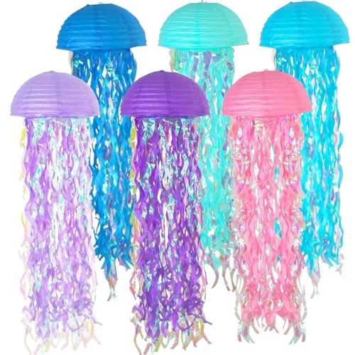Papierlaterne Laterne Deko,6 Stück Quallen Papierlaternen Ozean Lampions Lampenschirm Meerjungfrau Geburtstag Deko,Ozean Thema Party Lieferungen für Kinder Thema Party