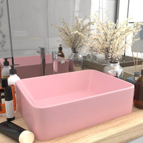 Lavabo da Appoggio in Ceramica, Design Rettangolare Moderno, Colore Rosa Opaco, Per Bagno o Lavanderia, 41 x 30 x 12 cm