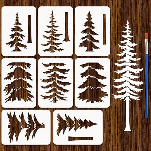 FINGERINSPIRE 8 Stück Kombinierte Kiefernbaum Schablonen Mit Pinsel 21x29.7cm Mehrschichtige Kiefernbaum Vorlage Pflanzenmotiv Baum Bastelschablonen Zum Bemalen von Wänden Holz Heimwerker Dekoration