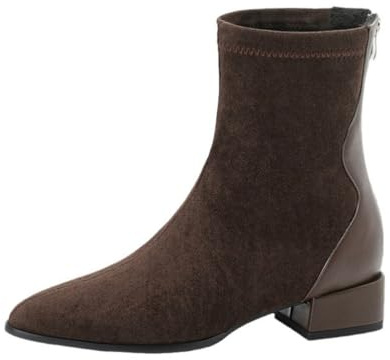 Generico Stivaletti Donna Punta Quadrata Tacco Basso Largo Camoscio Cerniera Posteriore Comodi Antiscivolo Resistenti Casual Quotidiano Lavoro,Marrone,35 EU