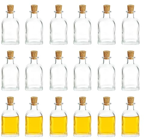 gouveo Juego de 18 Botellas de Cristal Aqoro de 100 ml con Corcho, cuadradas, Reutilizables, de Cristal Transparente, aptas para Alimentos, herméticas (AQFT100SK)
