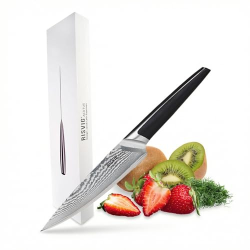RISVIG 13,5 cm Damast Kräutermesser Acutus – Japanischer VG10 Stahl mit 67 Lagen – Profi Messer für Kräuter & Gemüse mit ultimativer Schärfe – HRC62